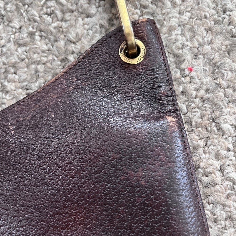Vintage rustic Gucci leather bag with brown pouch and black bamboo handle gold - Picture 8 of 12
